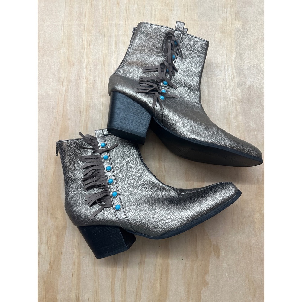 Crazy Train Boujee Babe Booties Silver Metallic Fringe Turquoise Studs Western 8